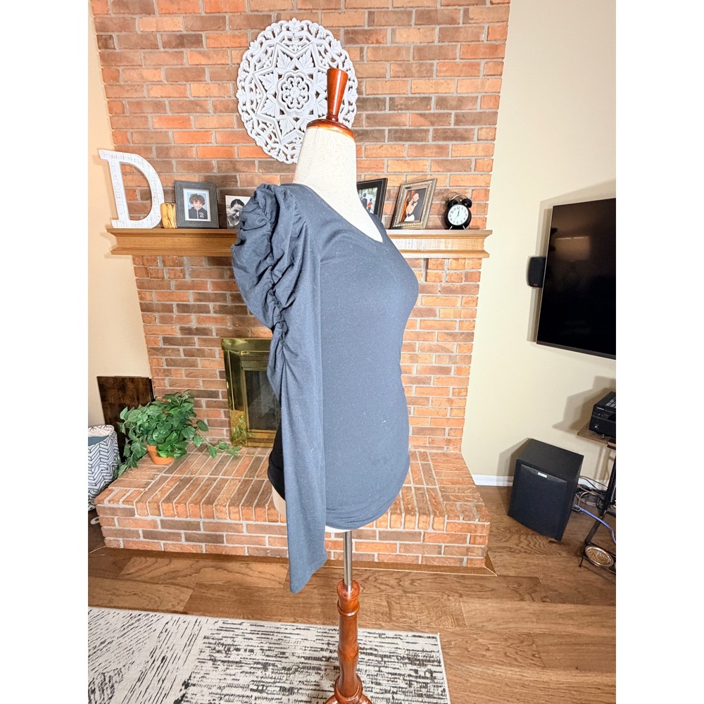 Basic House Top Women Gray Puff Ruched Shoulder Long Sleeve Scoop Neck L